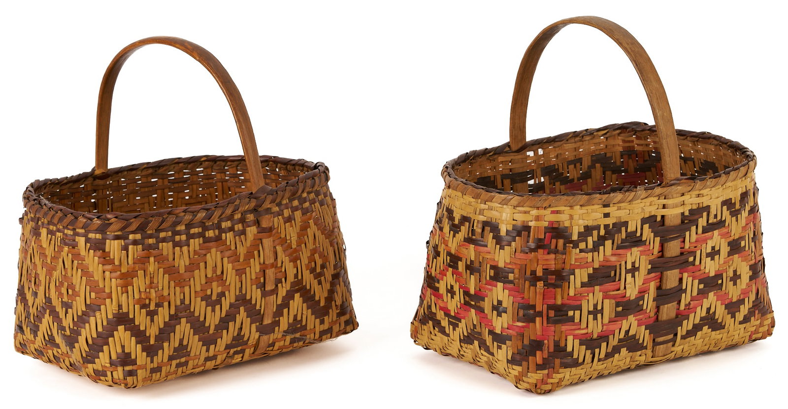 2 Native American Cherokee Rivercane Market Baskets: Two (2) Native American Cherokee rivercane market baskets, both woven in the Chief's Daughter pattern, one with butternut and walnut weavers and one with bloodroot, walnut, and butternut weav
