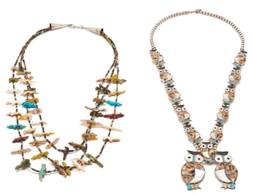 2 Native American Zuni Necklaces, incl. Owl Squash Blossom