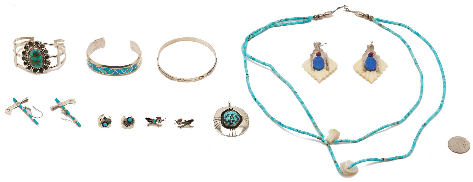 9 Native American Jewelry Items, incl. Bracelets, Earrings, & Necklaces: Grouping of nine (9) Native American vintage jewelry items, including: a sterling bangle bracelet marked TH; a Navajo sterling and turquoise pendant by Joe Begay; a Navajo sterling and inset