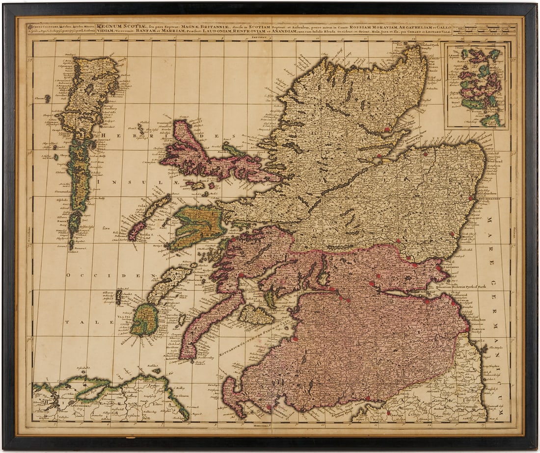Valck Hand Colored Map of Scotland, c. 1700: THE KINGDOM OF SCOTLAND, Gerard and Leonard Valk (Dutch, 17th/18th. c) engraved map with hand coloring on laid paper, c. 1700. Housed under glass in an ebonized and giltwood frame.