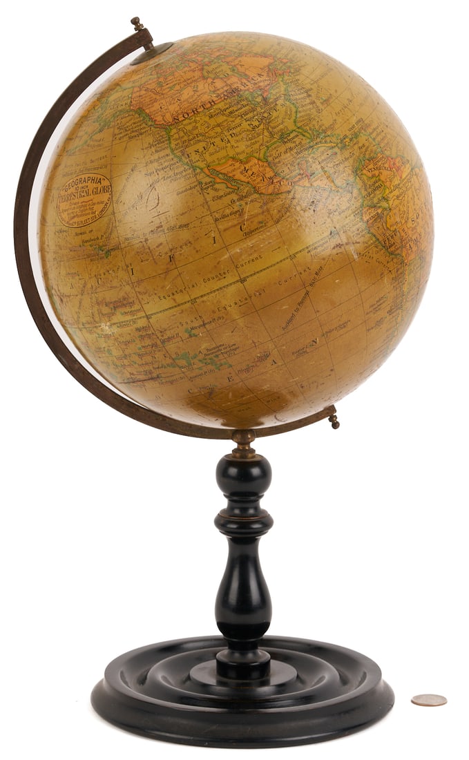 English Table Globe c. 1925: English "Geographia" 10 inch table globe on a turned ebonized stand, with gilt metal semi-meridian. Circa 1925. 18 in. H. Additional high-resolution photos and a list of recommended shi