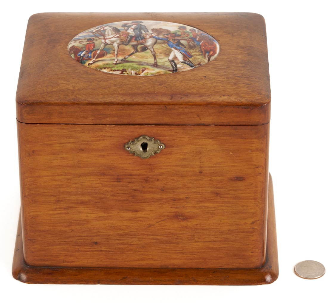 Cigar Humidor w/ Napoleon Battle Plaque: Wooden cigar humidor or keepsake box with oval hand-painted porcelain plaque depicting Napoleon and his army on a battlefield, after the 1836 painting of the Battle of Wagrum by Horace Vernet