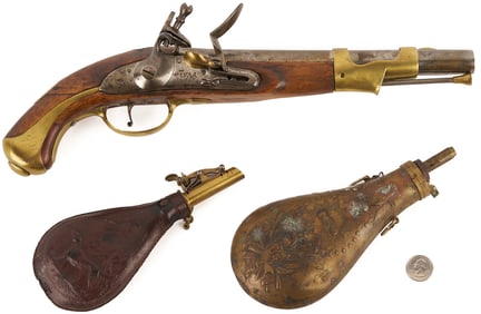 Early 19th C. Russian Flintlock Pistol; plus 2 Flasks