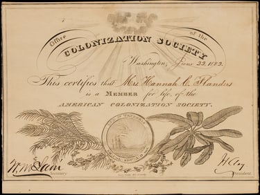 Henry Clay signed 1852 American Colonization Society Certificate - Liberia