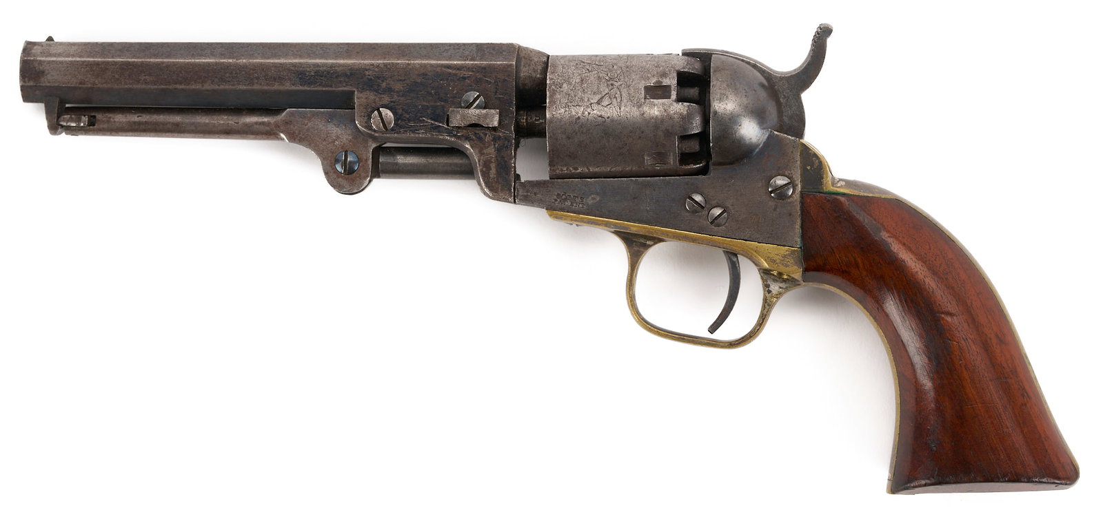 Colt Model 1849 Pocket Percussion Revolver: Civil War era Colt Model 1849 Pocket Percussion Revolver, .31 caliber, serial number 215159, all visible serial numbers matching. Top of barrel marked "Address Col. Sam Colt New-York U.S. America
