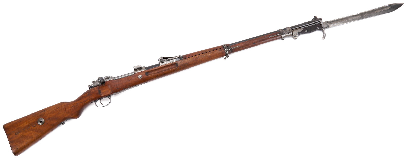 German Gewehr 98 Bolt Action Sniper Mauser w/ Bayonet: German WWI Gewehr 98 bolt action rifle fitted with scope mounts for sniper configuration; offset to the left to allow use of stripper clips. Left side of receiver marked with serial # 3861 and "G