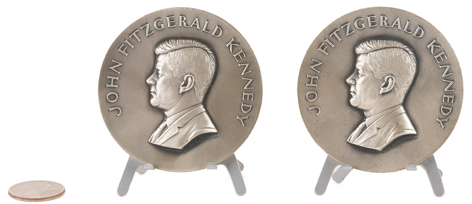 Pair .999 Silver John F. Kennedy Inaugural Medals, Medallic Art Company: Pair of .999 silver Official Inaugural Medals for the Inauguration of President John F. Kennedy. Made by the Medallic Art Company, New York, and designed by Paul Manship. Serial numbers 4913