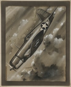 Eric Sloane Pastel & Ink Drawing, F4U Corsair Fighter Plane