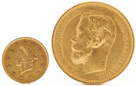 2 Gold Coins - 1852 Half Dollar Gold Coin and 1899 Ruble Coin