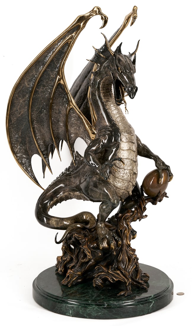 Bill Toma Bronze Dragon Sculpture, Guardian: Bill Toma (American/California, 20th Century) limited edition patinated bronze sculpture titled "Guardian" that depicts a winged dragon protecting a golden egg atop a perch, mounte