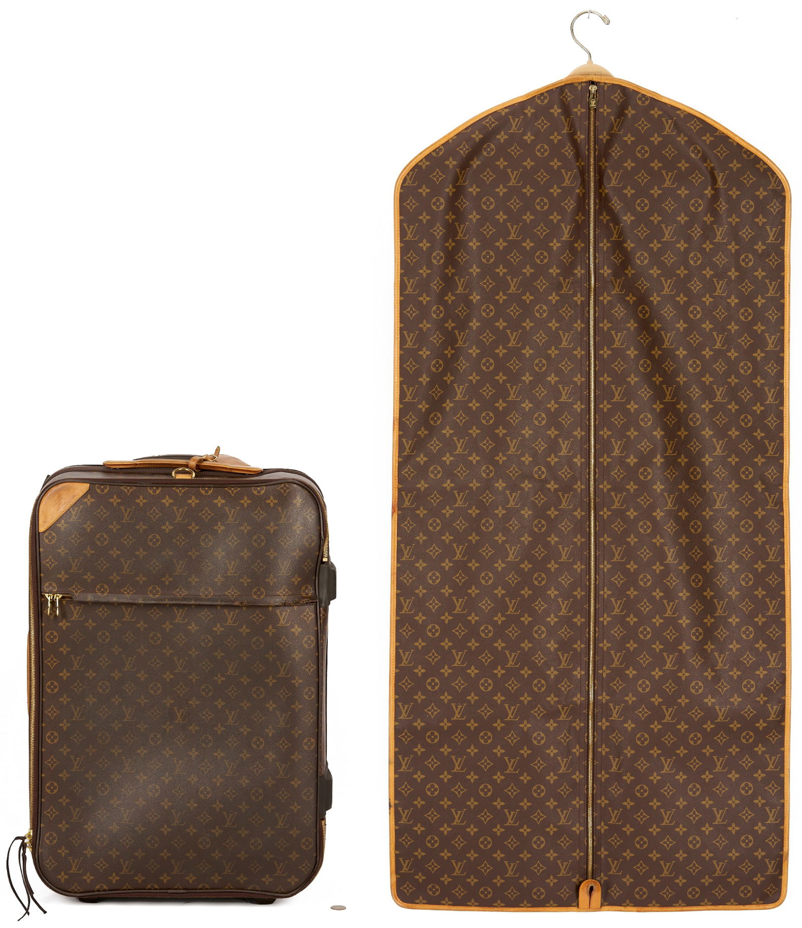 Vintage Louis Vuitton Monogram Suitcase & Garment Bag: 1st item: Vintage Louis Vuitton Pegase 70 roller suitcase, monogram pattern coated canvas with leather trim, retractable handle, zippered closure, and rolling wheels. Retains the original LV tags. 26