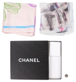 2 Silk Chanel Scarves incl. Eiffel Tower and Karl Lagerfeld