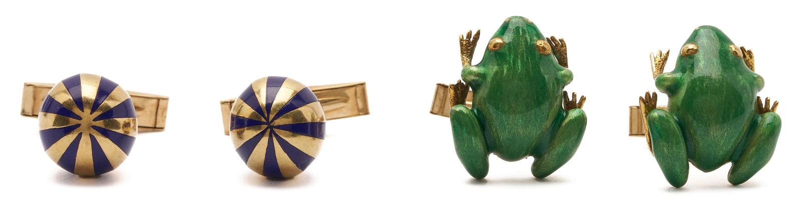 2 Pairs of 14K Gold Cufflinks: 1st item: 14K yellow gold frog cufflinks. The cufflinks are marked "14K" and XRF test 14K gold. The cufflinks are 3/4 in. x 5/8 in. and have a gross weight of 17.36 grams. 2nd item: Lad