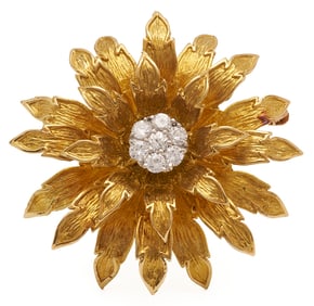 18K Gold & Diamond Flower Brooch