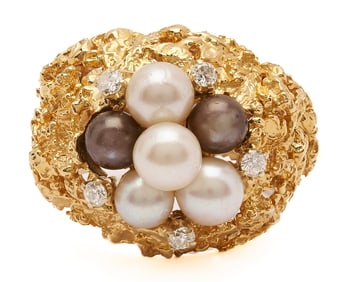 18K Gold, Pearl, & Diamond Nugget Ring