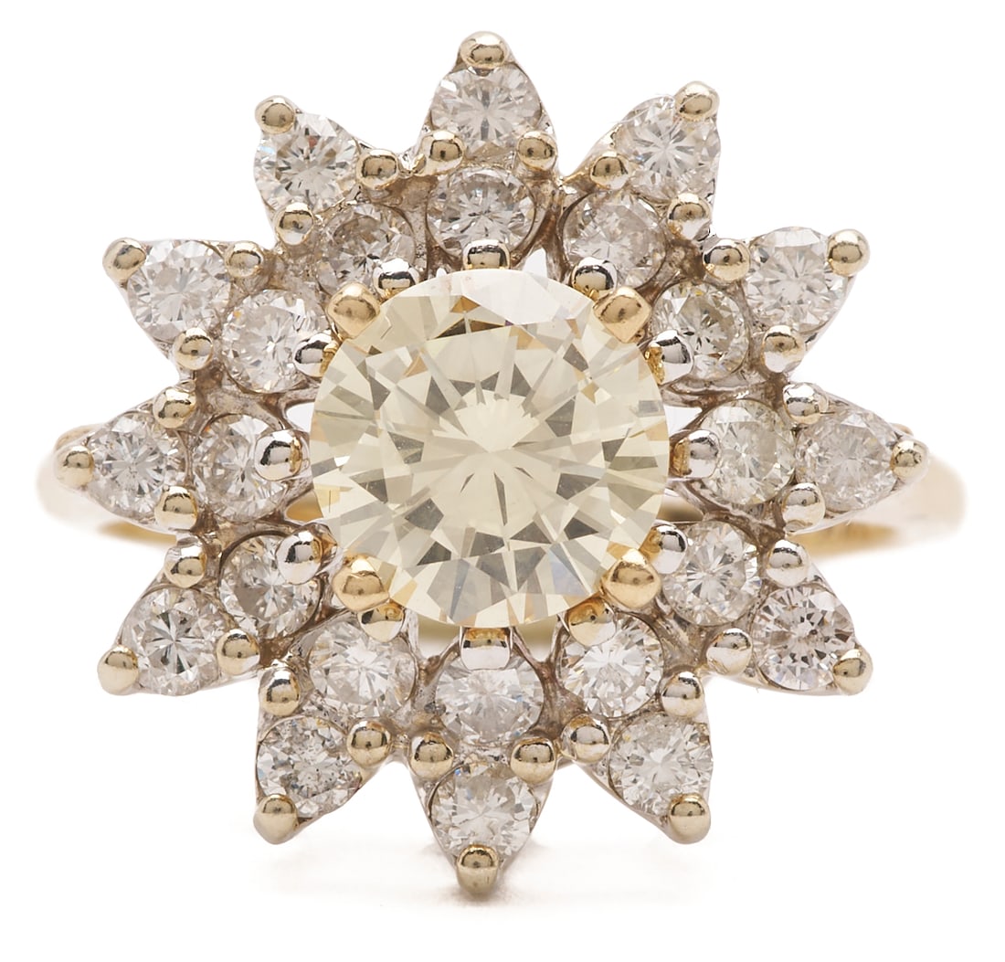 14K Yellow Gold 1.5 Carat Diamond Cocktail Ring: Ladies' 14K yellow gold cocktail ring featuring one (1) round brilliant cut diamond approximately 1.54 carats, Clarity-VS1, Color-RS, accented by twenty four (24) round brilliant cut diamonds appr