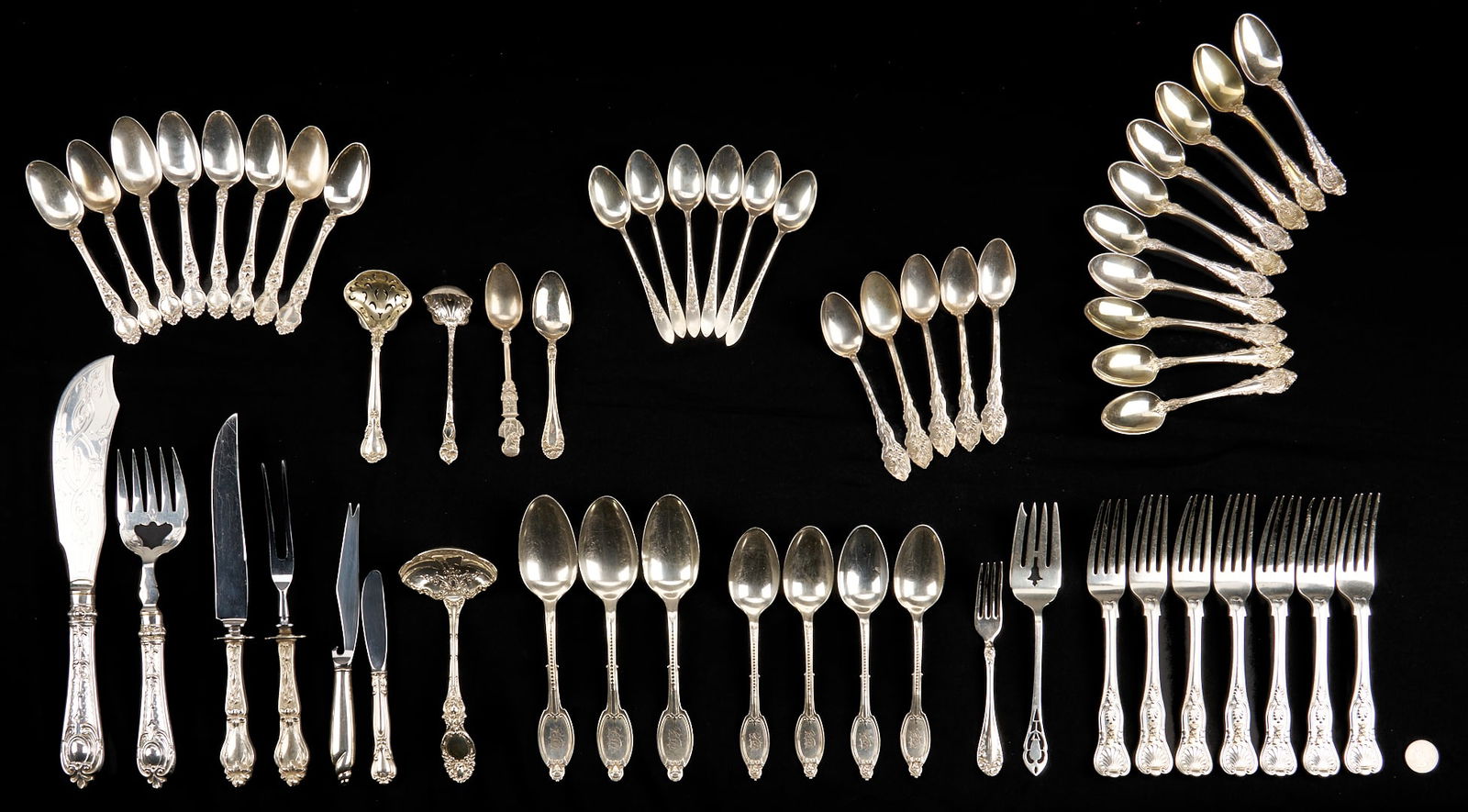 56 Pcs Flatware Incl. Antique Sterling: 56 pcs. flatware, most sterling. The 47 sterling silver items include: 1 figural teaspoon, possibly a President James Garfield memorial spoon, marked for Gorham and retailer James Larson &