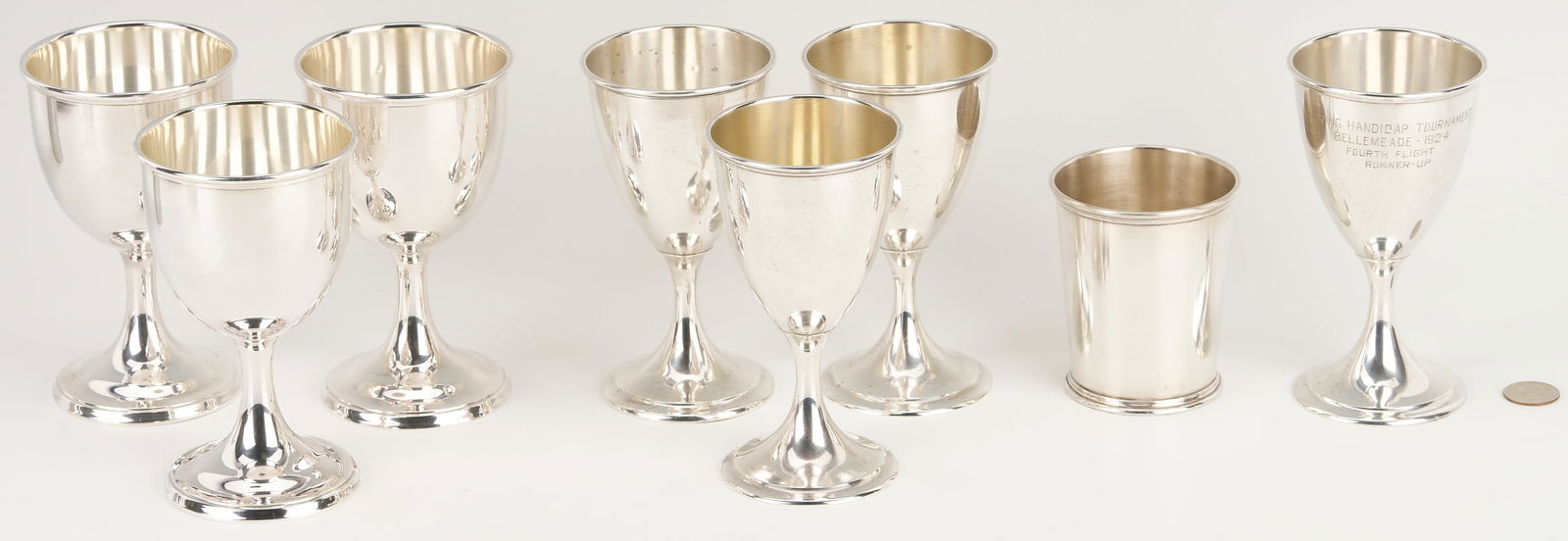 7 Sterling Silver Goblets Incl. Bellemeade Golf Trophy Plus Julep Cup: 1 Kirk & Son Sterling Silver julep cup #277 plus an assembled group of 7 sterling silver goblets including 3 International sterling goblets #P708 and 4 Wallace sterling goblets #2403 (two