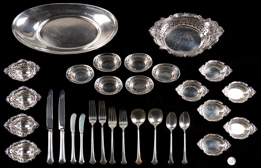 30 pcs Sterling: Nut Dishes, Bread Tray, Towle Chippendale Flatware: Gorham Sterling Silver Nut Set, featuring a reticulated oval main dish, 8 in. L, and 6 matching individual dishes, 3 3/4 in. L, plus 6 Webster reticulated individual nut dishes and 4 pierced footed