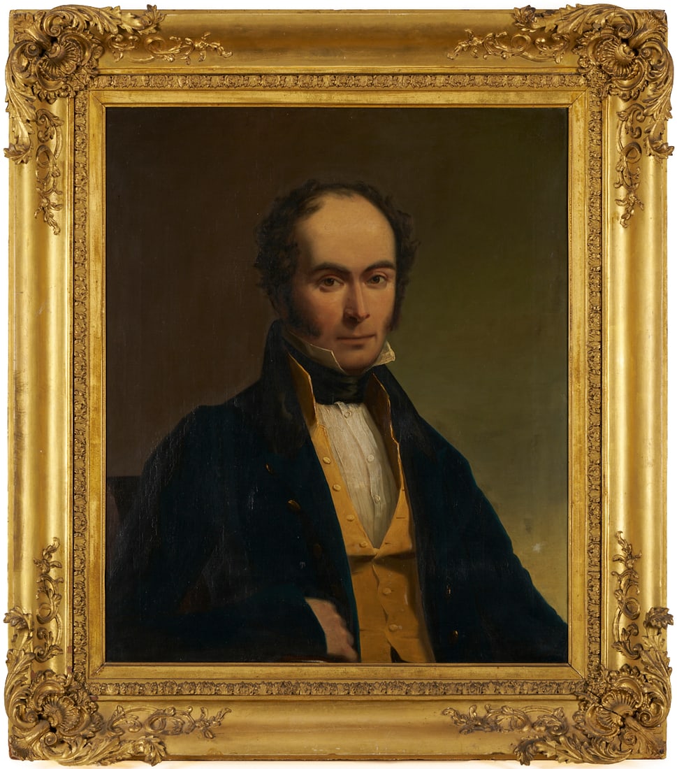 19th C. Oil Portrait, poss. Dr. Forrest, East India Company: British School, early 19th century, oil on canvas portrait of a gentleman identified by 20th century label en verso as Dr. David Forrest (1800-1834), a surgeon in the East India Company who is buried