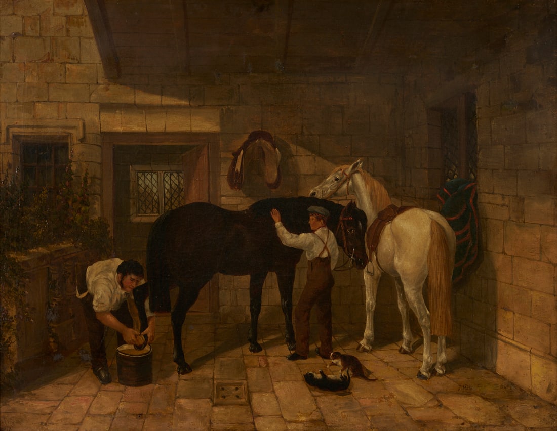 After John Frederick Herring Jr. O/C Painting, Horse Stable: After John Frederick Herring, Jr. (English,1815-1907) oil on canvas equestrian genre scene painting depicting two grooms caring for horses in a stone stable, while two kittens spar in the