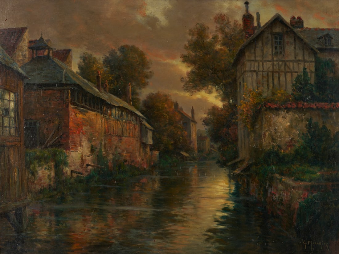 French O/C Landscape Painting, Georges Maroniez: Georges Philibert Charles Maroniez (1865 - 1933), oil on canvas, landscape painting depicting a sunset canal scene with village structures on either side. Signed lower right
