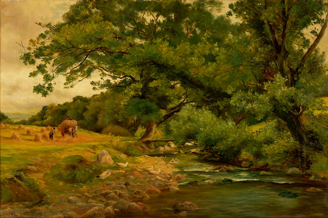 Peter Buchanan O/C Scottish Forest Landscape Painting: Peter S. Buchanan (Scottish, fl. 1960-1911) oil on canvas landscape painting, "Running Brook," 1899. Farmers load a hay wagon in a field, while ducks cluster in the foreground on the