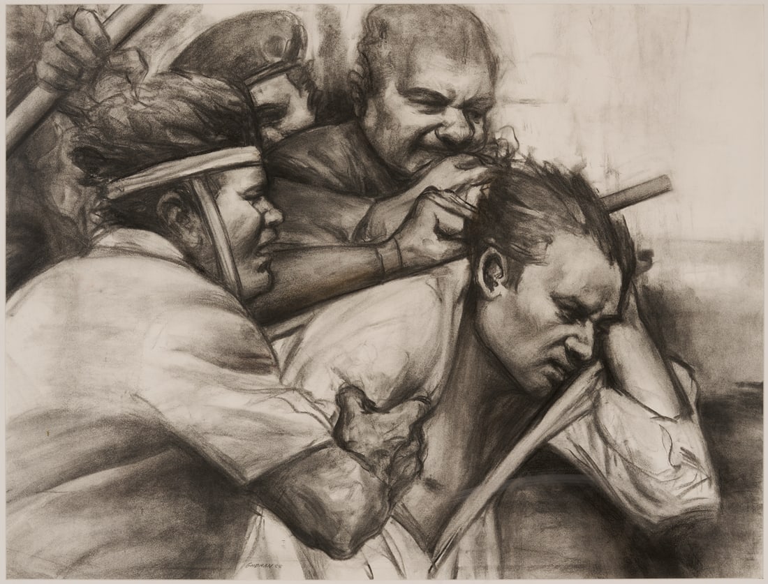 Sidney Goodman Exhibited Drawing, The Beating: Sidney Goodman (American, 1936-2018), "A Beating," charcoal on paper drawing, signed lower right/center "Goodman" and dated 1988. Matted and framed under glass in a plain
