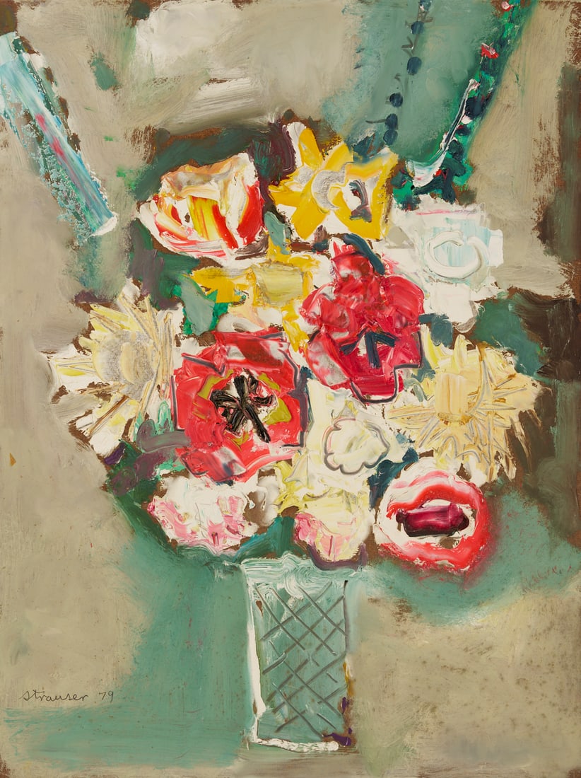 Sterling Strauser O/B Bouquet w/ Tulips: Sterling Strauser (Pennsylvania, 1907-1995), oil on board, still-life painting titled "Bouquet with Tulips", depicting a clear glass vase with multicolored flowers, including tulips,