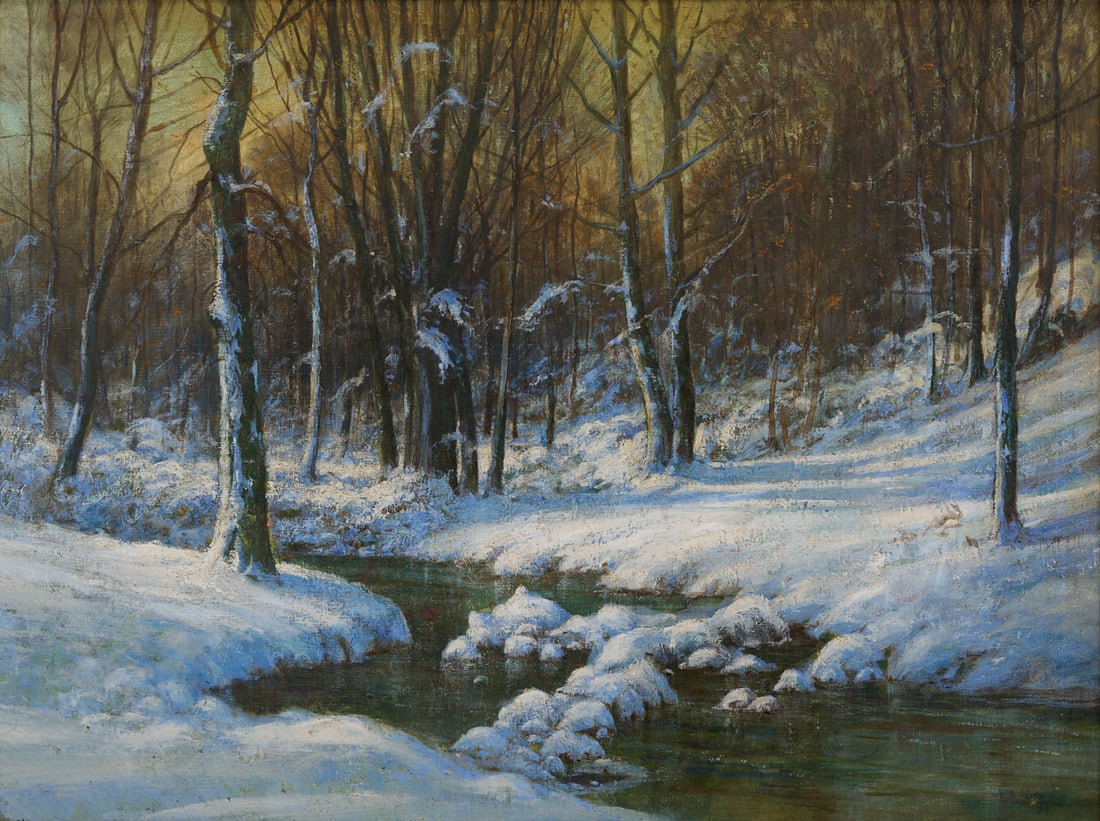 Edward Sitzman O/C Indiana Winter Landscape: Edward R. Sitzman (Ohio/Indiana, 1874-1949) oil on canvas winter landscape painting depicting a creek flowing through a forest at dawn. Signed "E.R. Sitzman" and dated 1934, lower right.