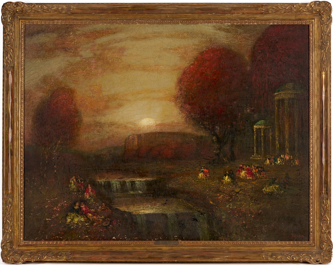 Henry Golden Dearth Oil on Canvas, "Garden Fete": Henry Golden Dearth (American, 1864-1918) large tonalist oil on canvas landscape depicting figures in an idyllic classical landscape setting. Signed "H. Dearth" lower right. Molded giltwood frame