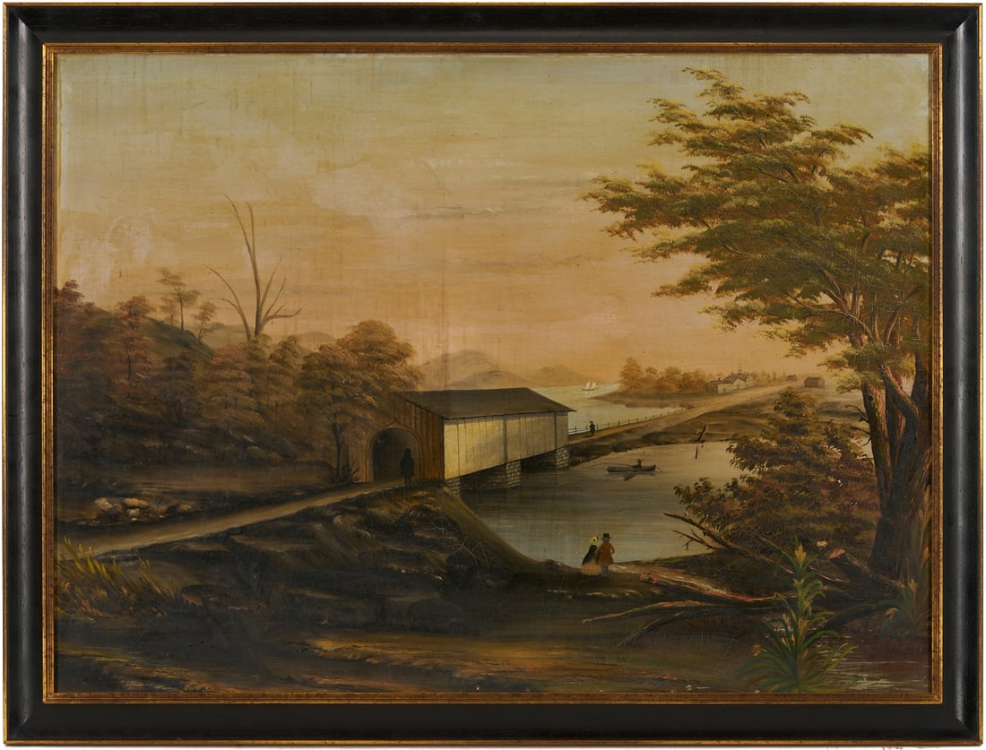 Manner of Thomas Chambers O/C Landscape w/ Covered Bridge, Likely New England (1 of 14)