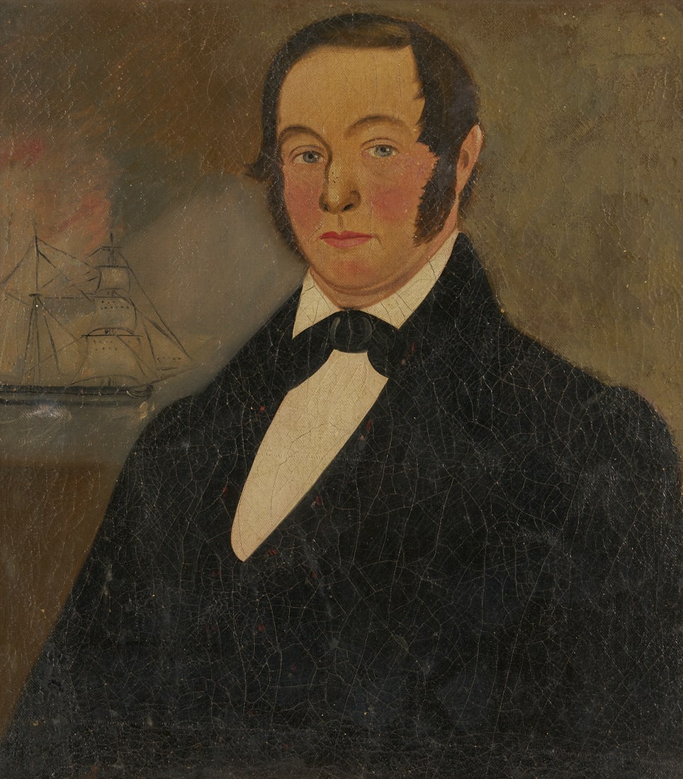 American 19th c. Folk Art Portrait of a Gentleman: American School folk art portrait of a gentleman in black coat and tie, early middle age, with distant ship visible over his shoulder. Unsigned. Pencil inscription in a circular flourish, verso, and t