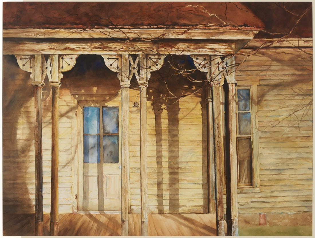 Rhonda McEnroe W/C Architectural Painting, Autumn Reflection: Rhonda McEnroe (Kentucky, 20th/21st century) watercolor painting on paper titled "Autumn Reflection" that depicts the reflection on the sun and shadows on the facade of a Victorian hous