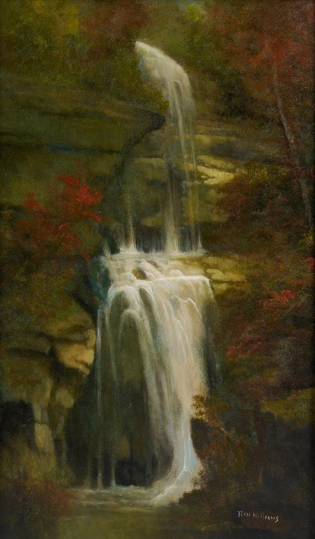 Ron Williams O/C Smoky Mountain Waterfall Painting: Ron Williams (Tennessee, 1947 - 2016), oil on canvas impressionist fall landscape painting depicting a waterfall over large rocks, flanked by fall-colored foliage to each side, likely a loca