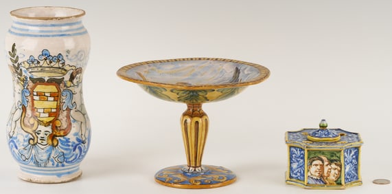 3 Antique Polychrome Faience Items: Albarello, Tazza, Inkwell