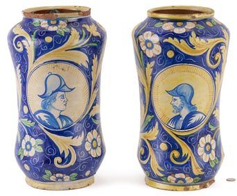 Pair Italian Faience Maiolica Albarello Portrait Jars