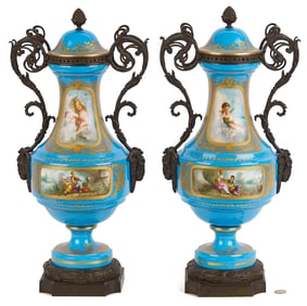 Pair of French Sevres Style Porcelain Urns