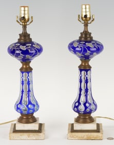 Pair of Victorian Cobalt Double Overlay Glass Lamps