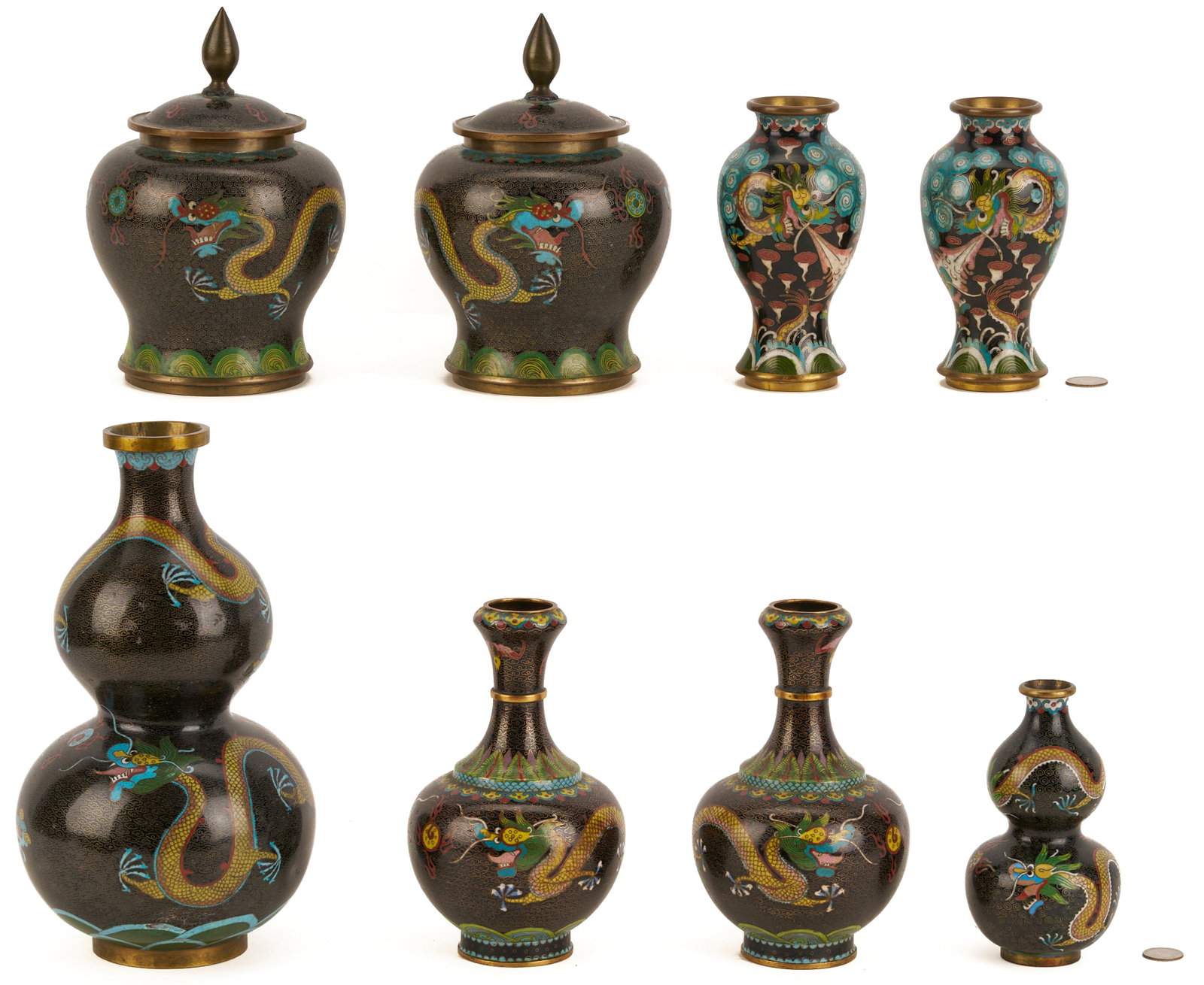 2 Chinese Cloisonne "Magic Fungi" Vases plus Pair of Jars and 4 Chinese Cloisonne Vases: Garlic Head: 1st-4th items: Four (4) Chinese black ground Cloisonne vases with dragon decoration, including a pair of "Magic Fungi" vases with blue flowers and assorted red-capped mushrooms, 6