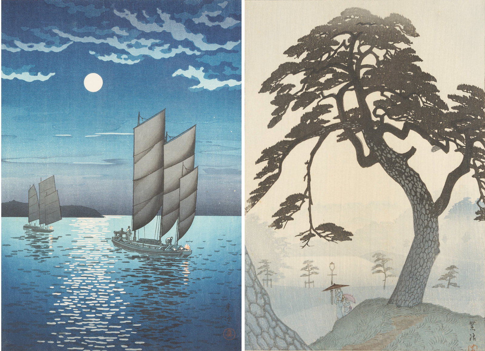 2 Japanese Shin Hanga Woodblock Prints, Koitsu & Shiro: Item 1: Tsuchiya Koitsu (Japan, 1870-1949) color woodblock print, "Boats at Shinagawa at Night," 1935. Two small boats sail over rippling water illuminated by moonlight. Published by Doi with 1936/38-