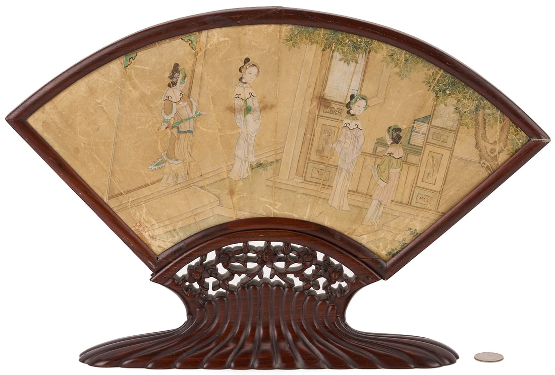 Chinese Qing Period Fan in Hardwood Stand, Courtesans in a Courtyard: Chinese watercolor on silk fan painting with four courtesans in a courtyard, the leaves of a tree hang overhead at right. With red seal to lower left. Housed in a possibly later hardwood, detacha