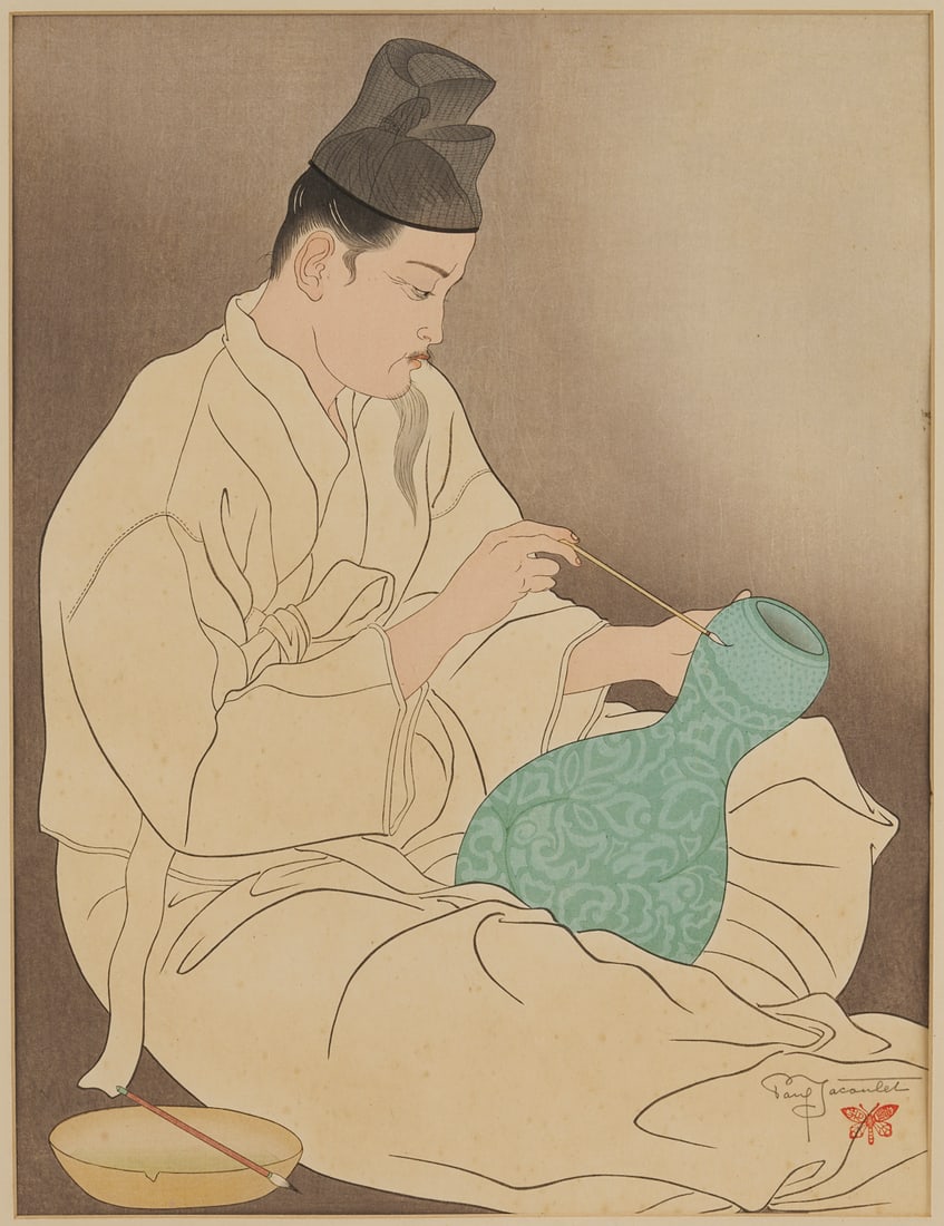 Paul Jacoulet Woodblock Print, The Master Potter: Paul Jacoulet (French/Japanese, 1896-1960) woodblock print, "Le Maitre Potier." Pencil signed and stamped lower right. Title stamp to lower margin and printer and carver's stam