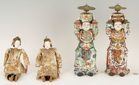 2 Chinese Opera Dolls plus 2 Porcelain Figural Candlesticks