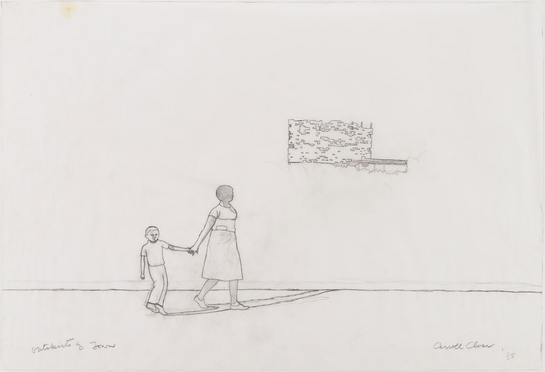 Carroll Cloar Drawing, Study for Outskirts of Town: Carroll Cloar (American/Tennessee, 1913-1994) drawing, graphite on paper, study for "Outskirts of Town," 1985. A young white boy is led reluctantly by an older black woman down a stree