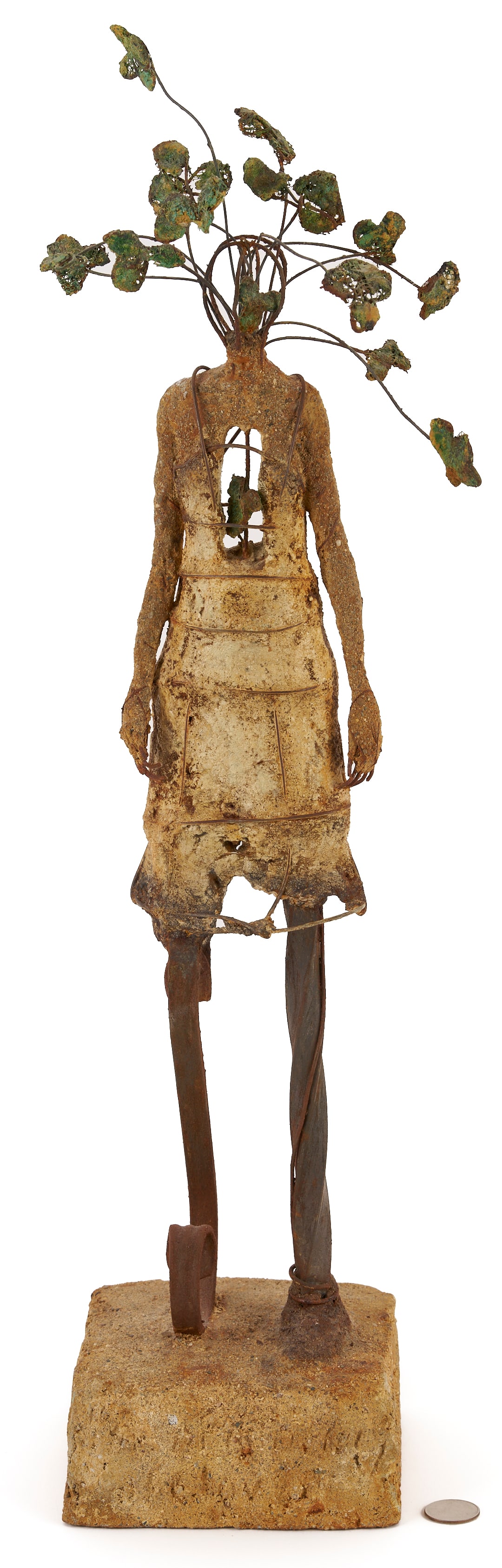 Johan Hagaman Sculpture, Aristocracy of Clover: Johan Hagaman (Indiana/TN, b. 1950), "Aristocracy of Clover," concrete, wire, iron, wax and milk paint sculpture, standing female form with sprigs of clover emanating from her head; one