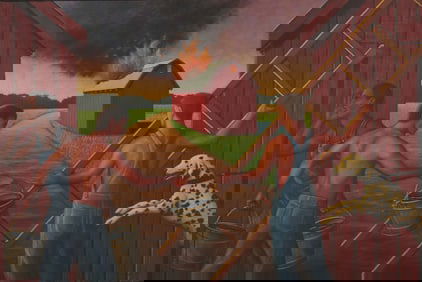 Large David Mah O/C Painting, Burning Barn