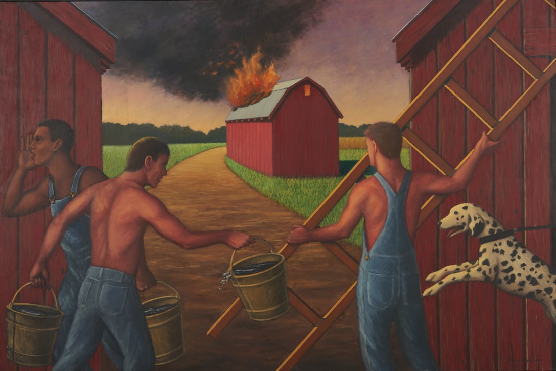 Large David Mah O/C Painting, Burning Barn: David Mah (Memphis TN, 20th/21st c.) oil on canvas rural Americana painting, 1991. Three shirtless men in overalls or jeans carry buckets of water and a ladder as a barn burns before them an