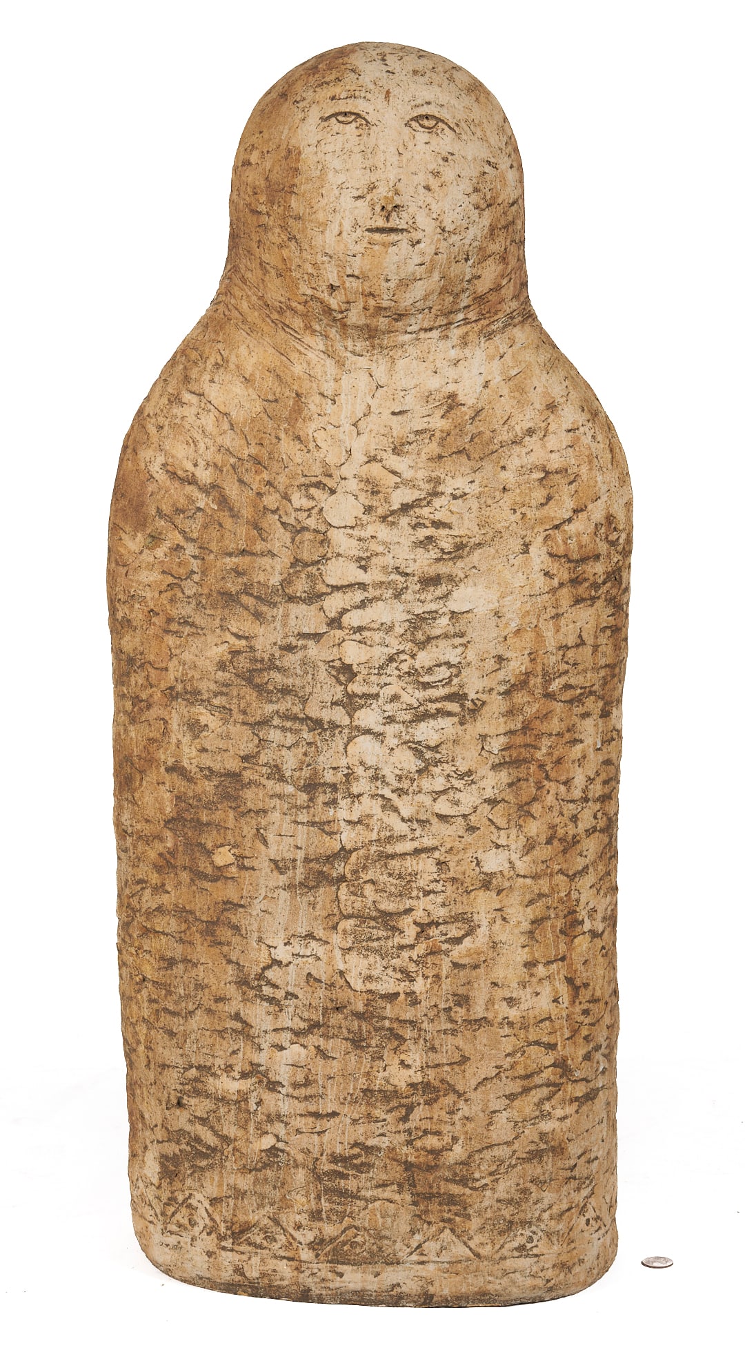 Large Olen Bryant Ceramic Figural Sculpture: Olen Bryant (American/Tennessee, 1927-2017) textured ceramic sculpture of a figure with a placid expression and a decorative hem along the lower edge. Unsigned. 37 in. H x 14 1/2 in. W x 10 3/4 in. D.