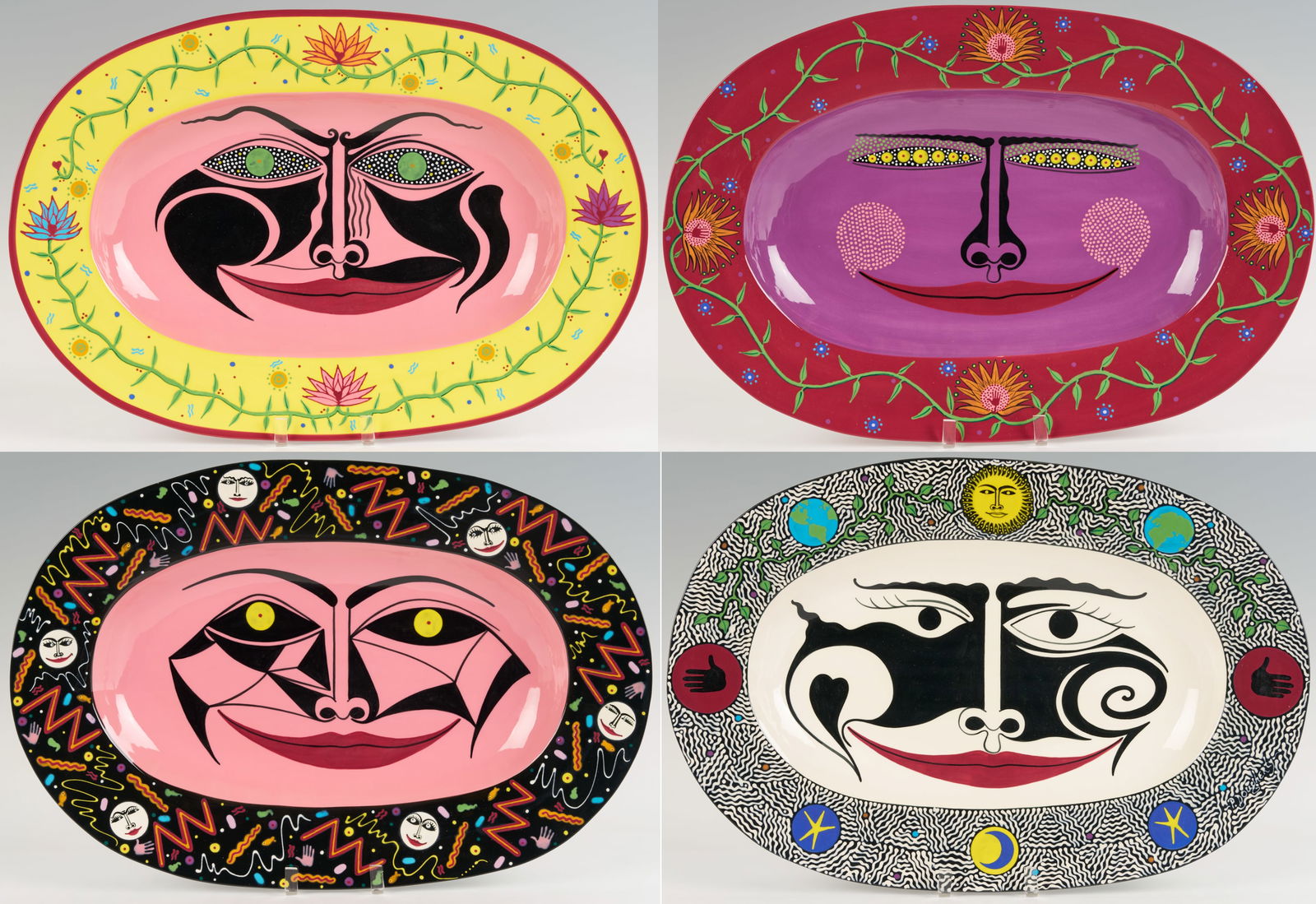 4 Patrick Dougherty Polychrome Ceramic Wall Plaques: Four (4) polychrome and enamel decorated oval ceramic wall plaques by Patrick Lee Doughtery (American/Kentucky, 1951 - 2023), each having stylized face decoration to the centers and elaborately decora